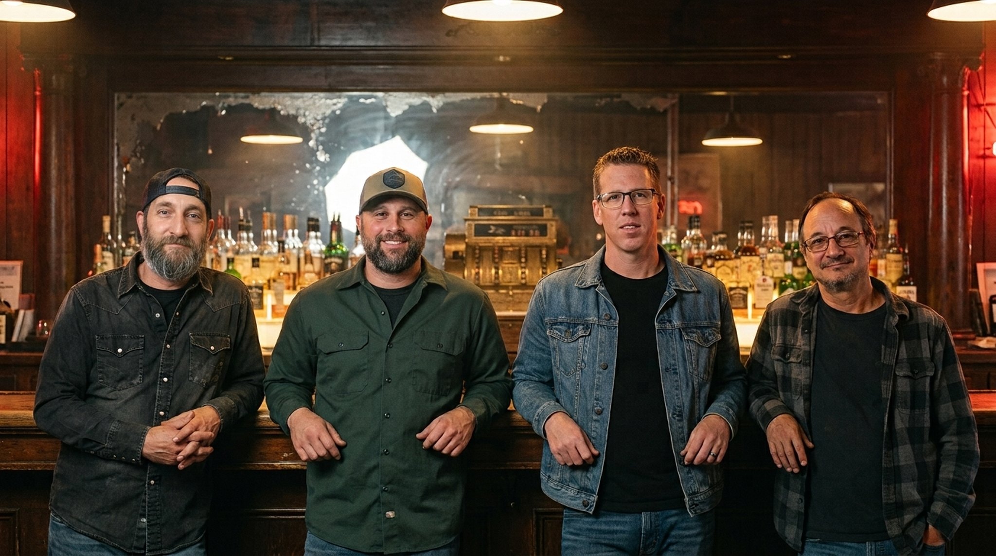 The Swamp City Stompers leaning on a tavern bar